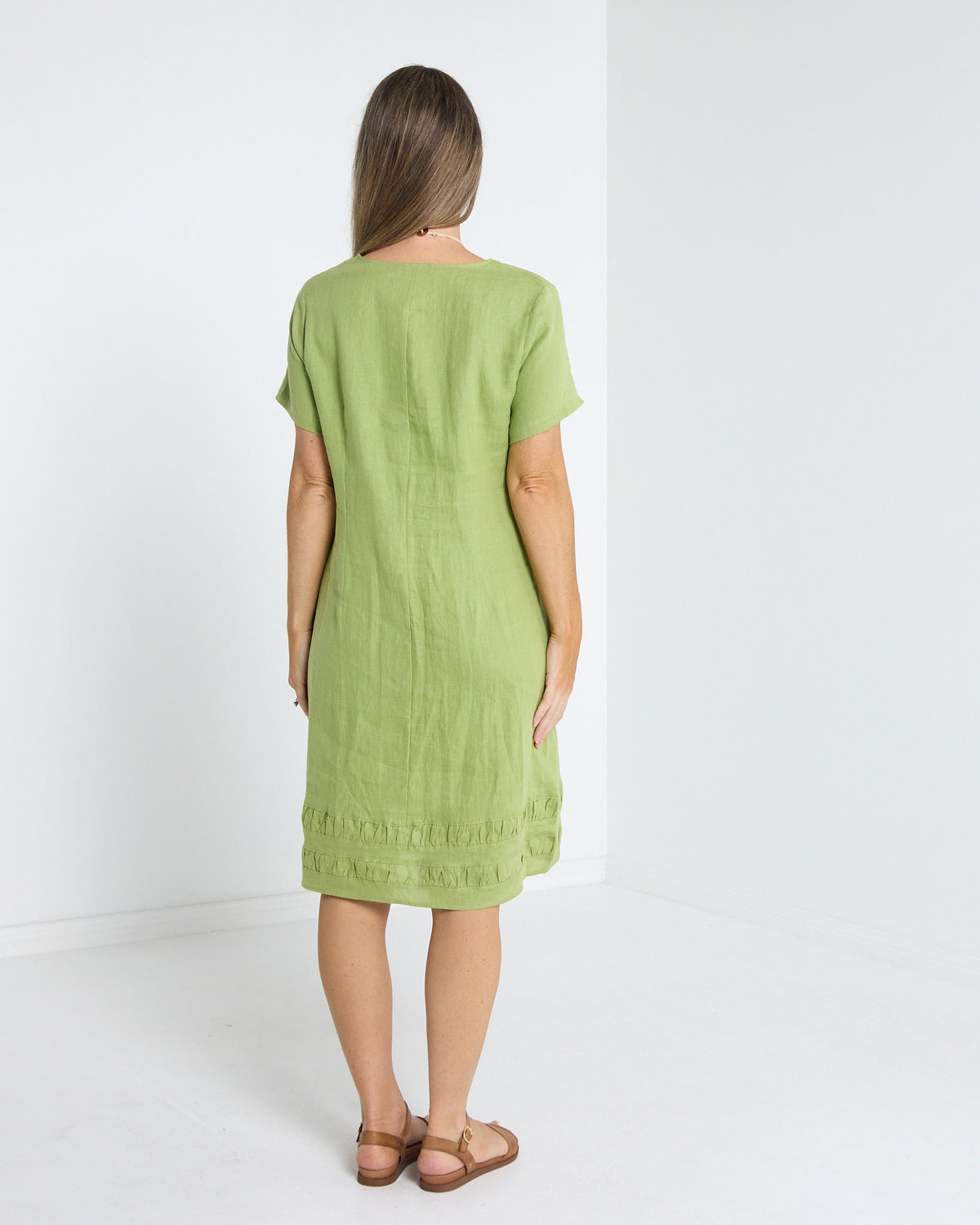 Lux Linen Shift Dress in pistachio, back view