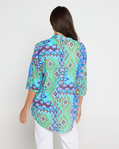 Elton Linen Shirt - Aqua Aztec