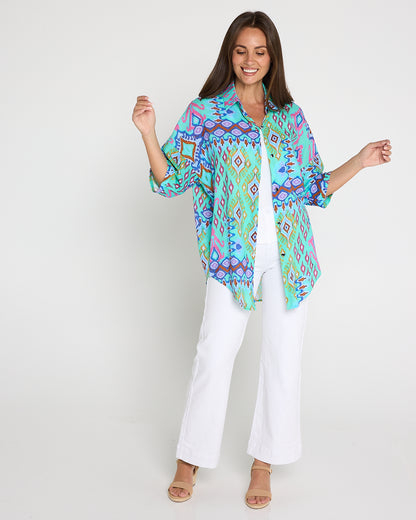 Elton Linen Shirt - Aqua Aztec