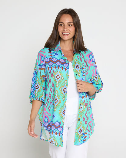 Elton Linen Shirt - Aqua Aztec