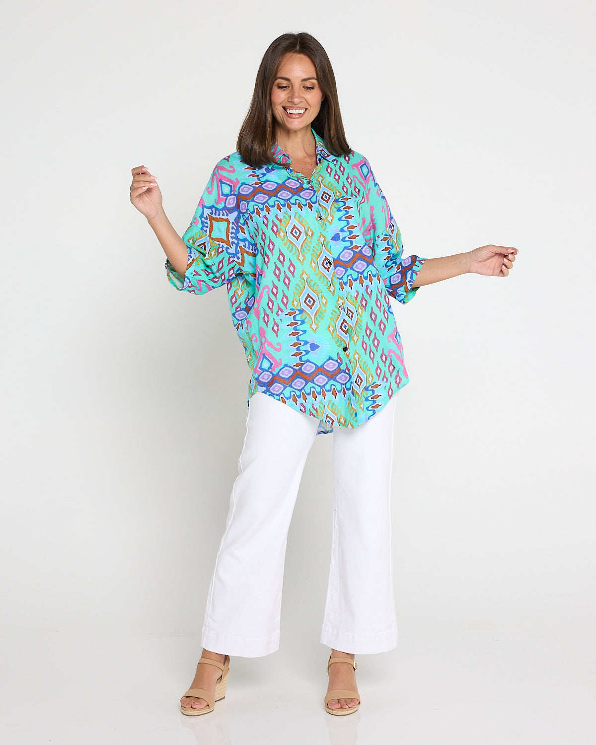 Elton Linen Shirt - Aqua Aztec