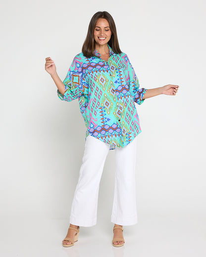 Elton Linen Shirt - Aqua Aztec