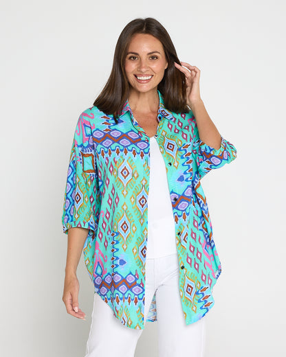 Elton Linen Shirt - Aqua Aztec