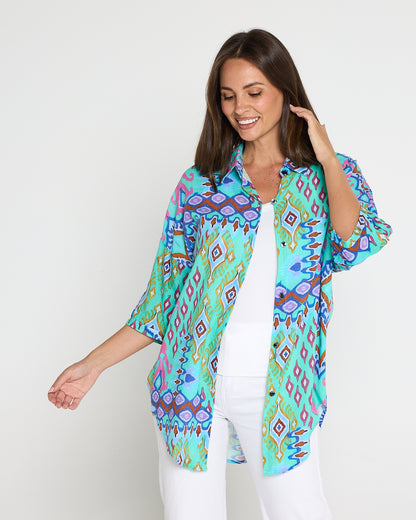 Elton Linen Shirt - Aqua Aztec