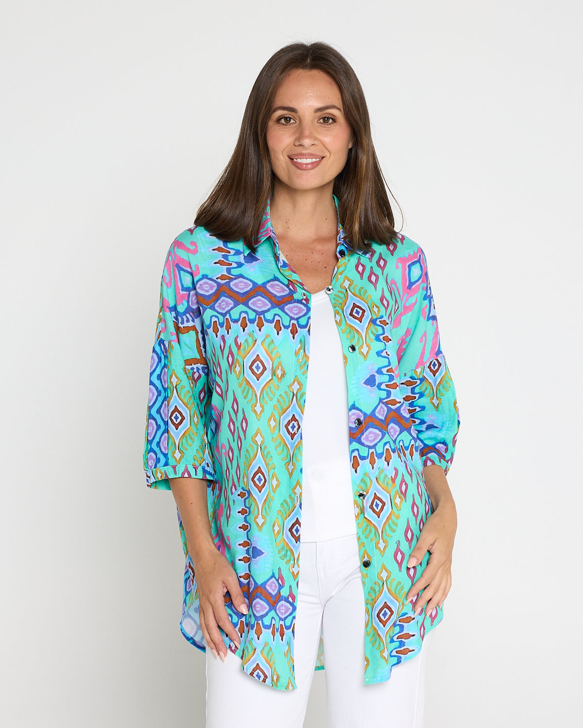 Elton Linen Shirt - Aqua Aztec