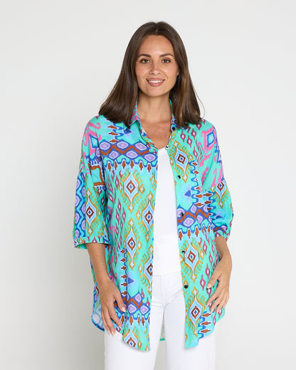 Elton Linen Shirt - Aqua Aztec