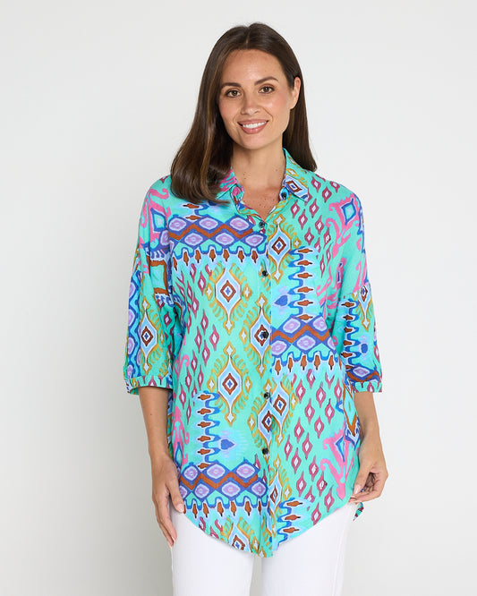 Elton Linen Shirt - Aqua Aztec