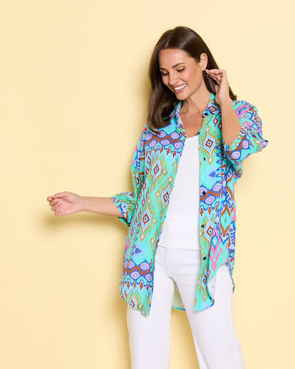 Elton Linen Shirt - Aqua Aztec