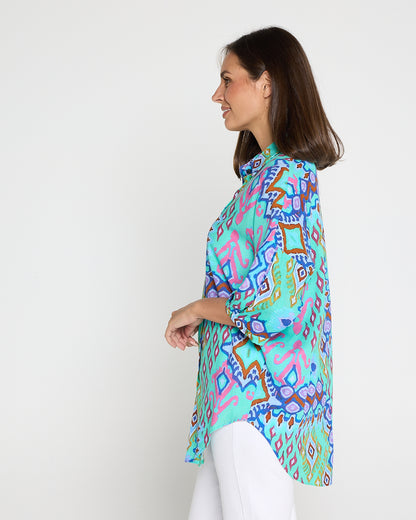 Elton Linen Shirt - Aqua Aztec