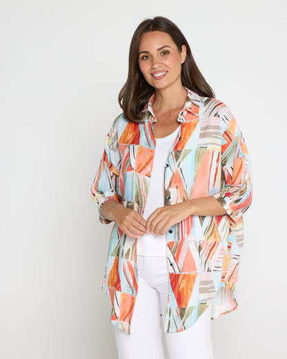 Elton Linen Shirt - Peach Sky Mosaic