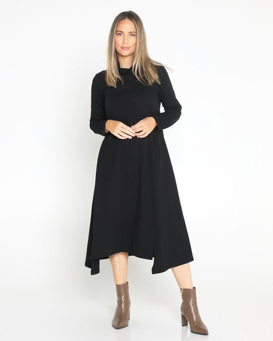 Margie Cowl Pocket Dress - Black