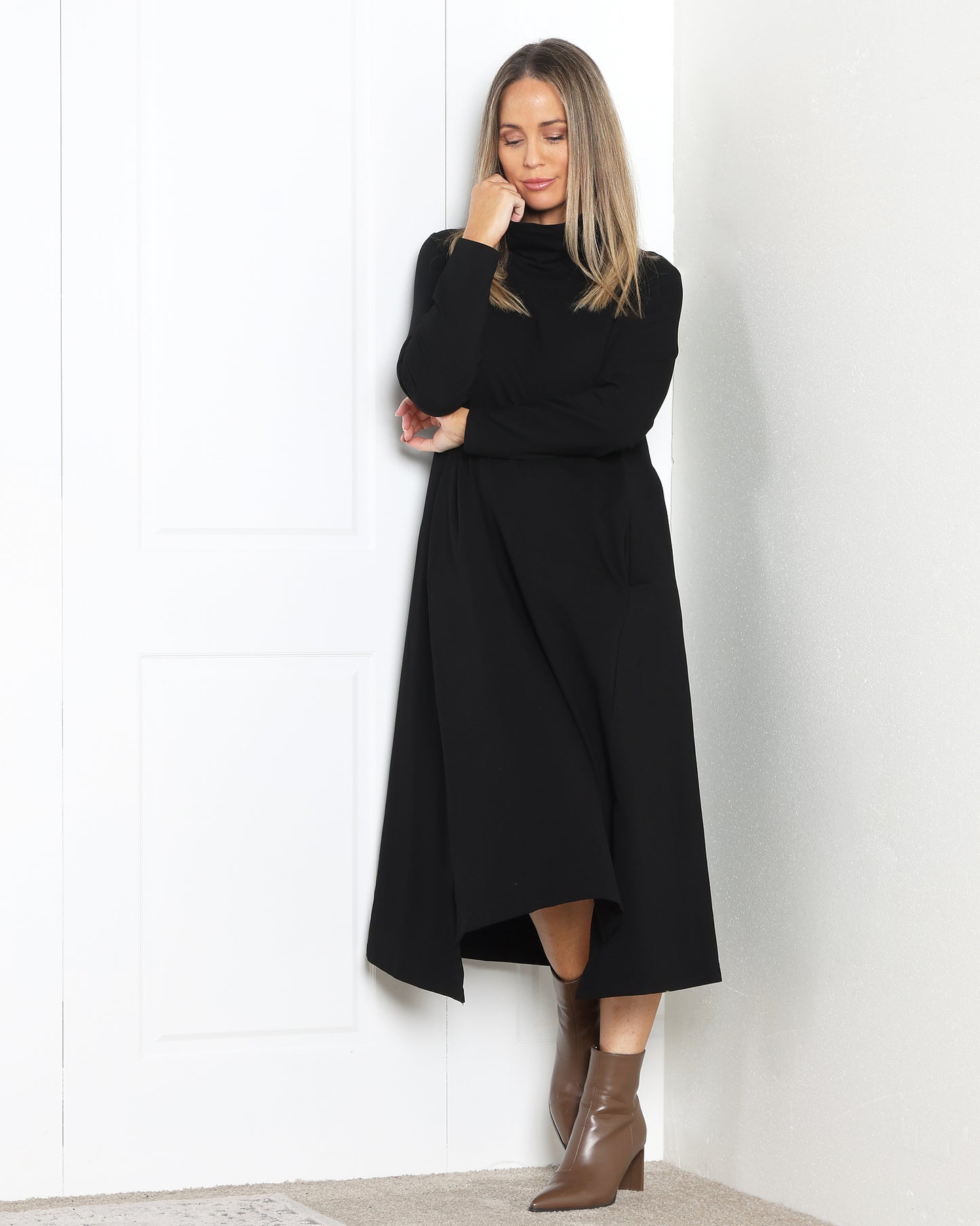 Margie Cowl Pocket Dress - Black
