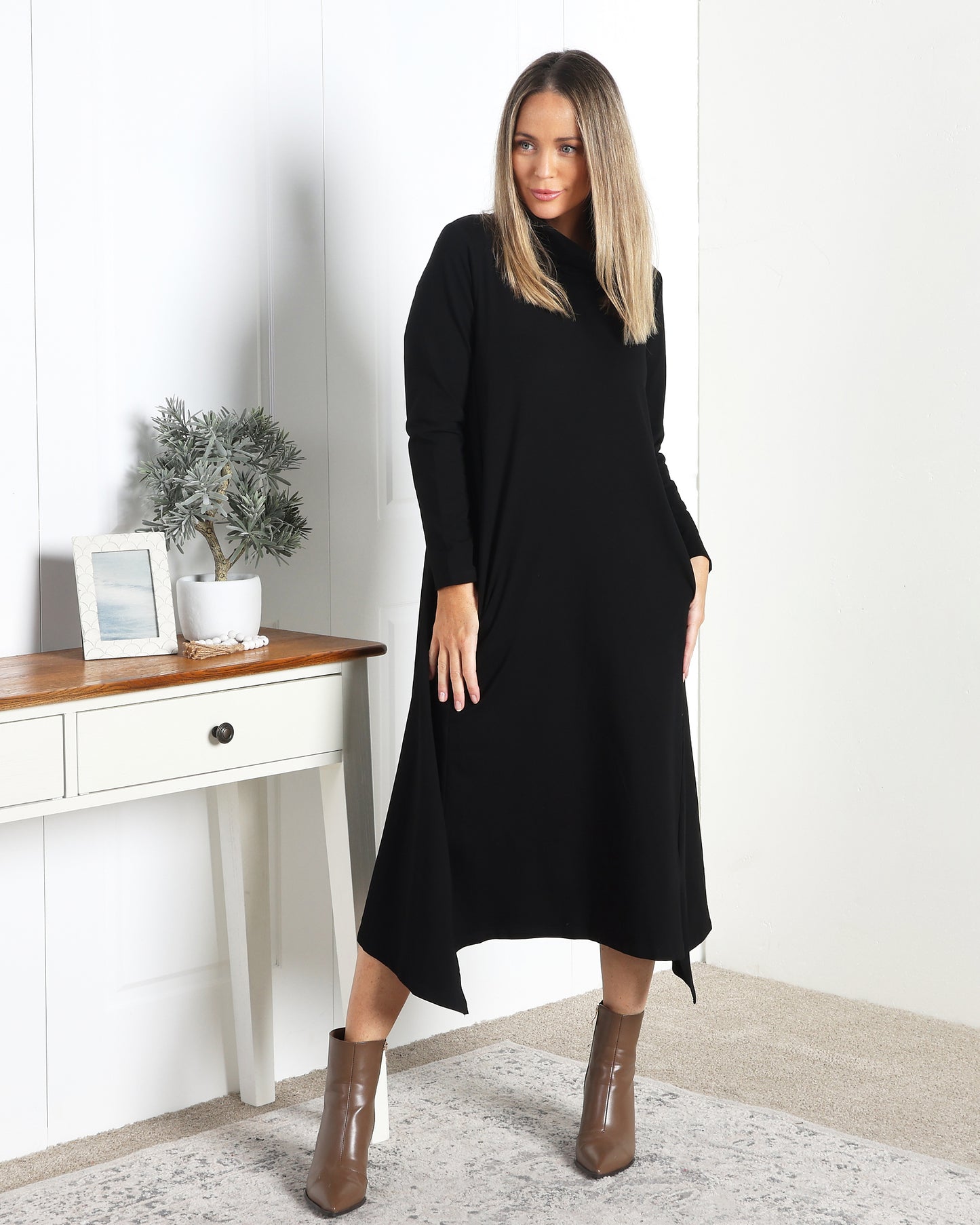 Margie Cowl Pocket Dress - Black