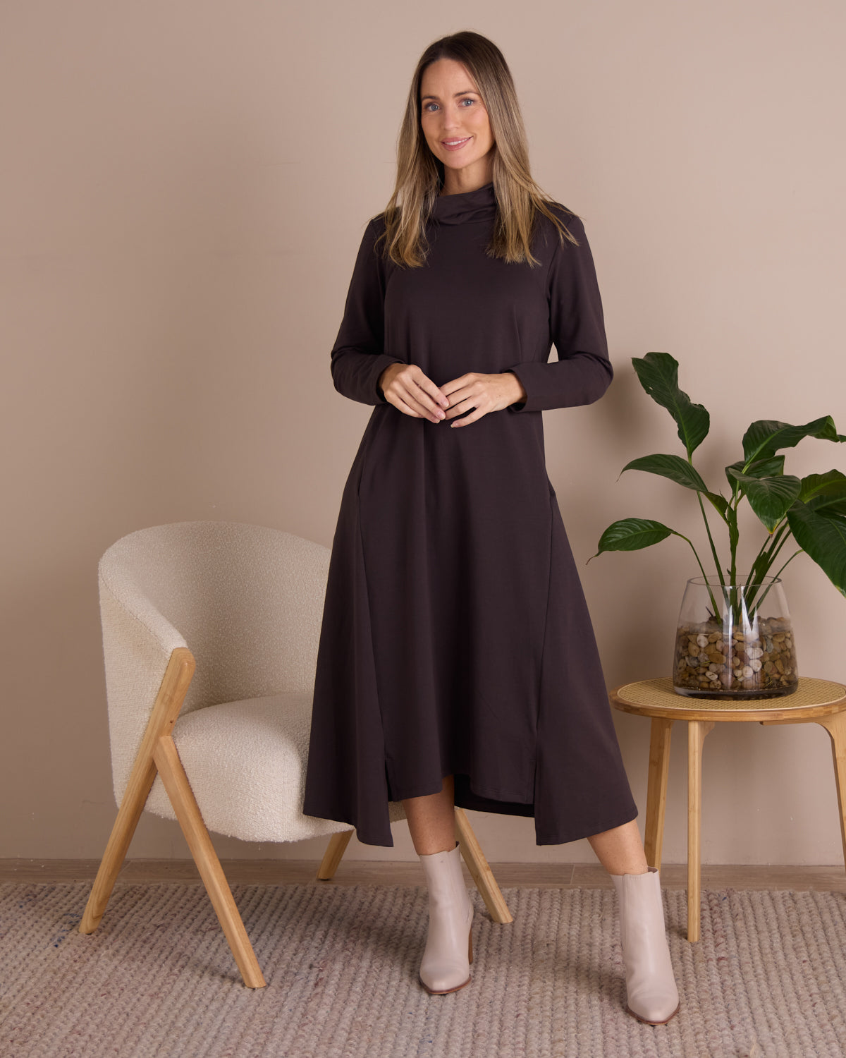 Margie Cowl Pocket Dress - Mocha