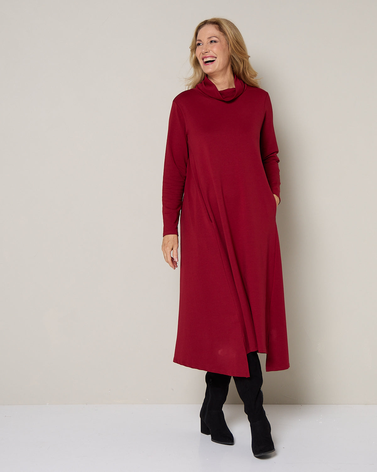 Margie Cowl Pocket Dress - Ruby Red