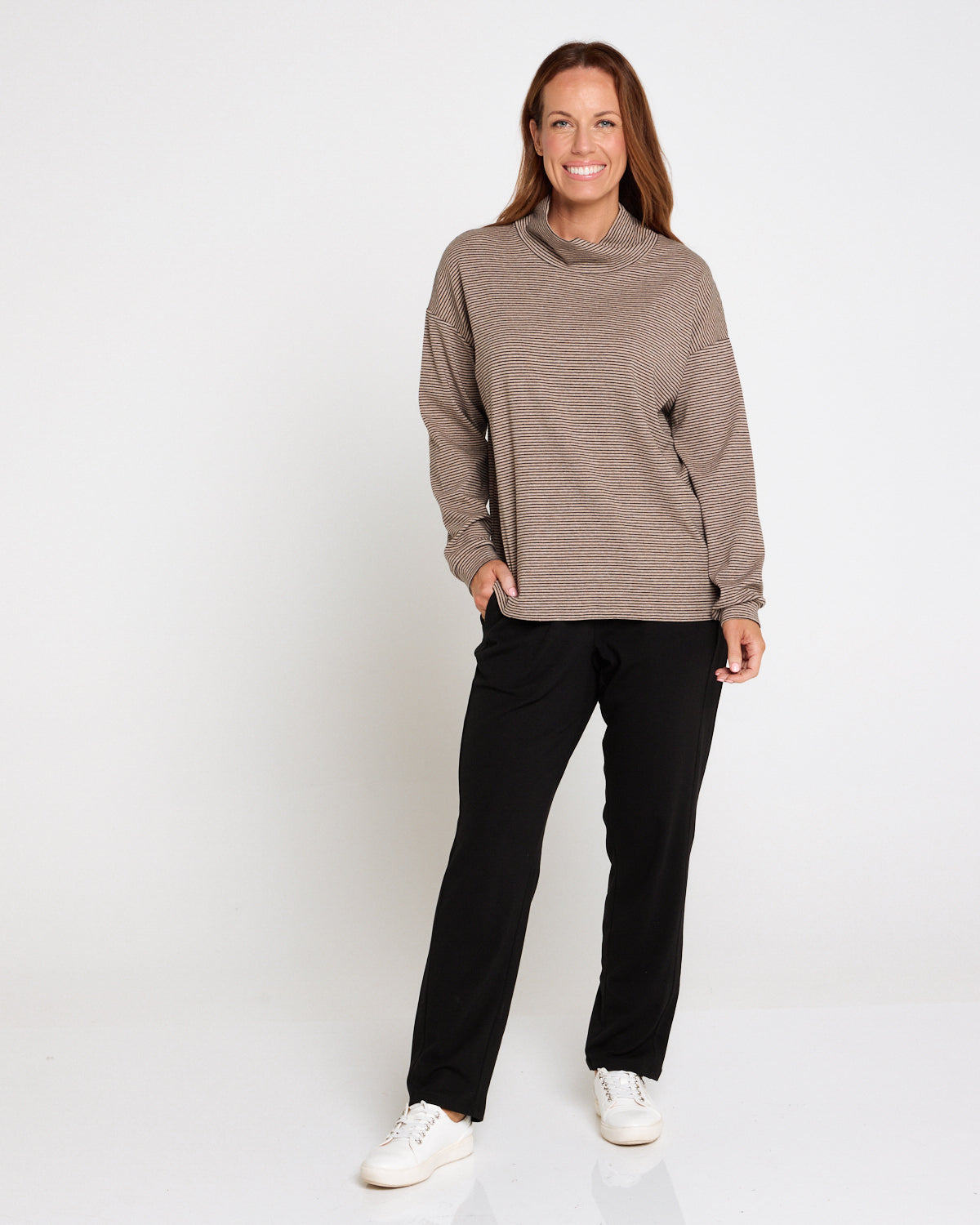 Kira Oversized Loose Cowl Top - Latte/Stripe