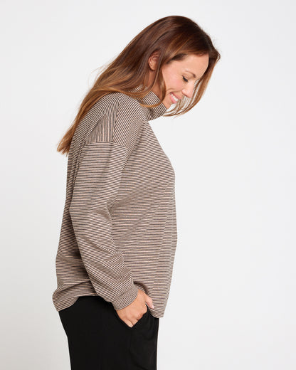 Kira Oversized Loose Cowl Top - Latte/Stripe