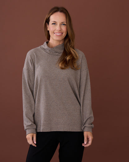 Kira Oversized Loose Cowl Top - Latte/Stripe