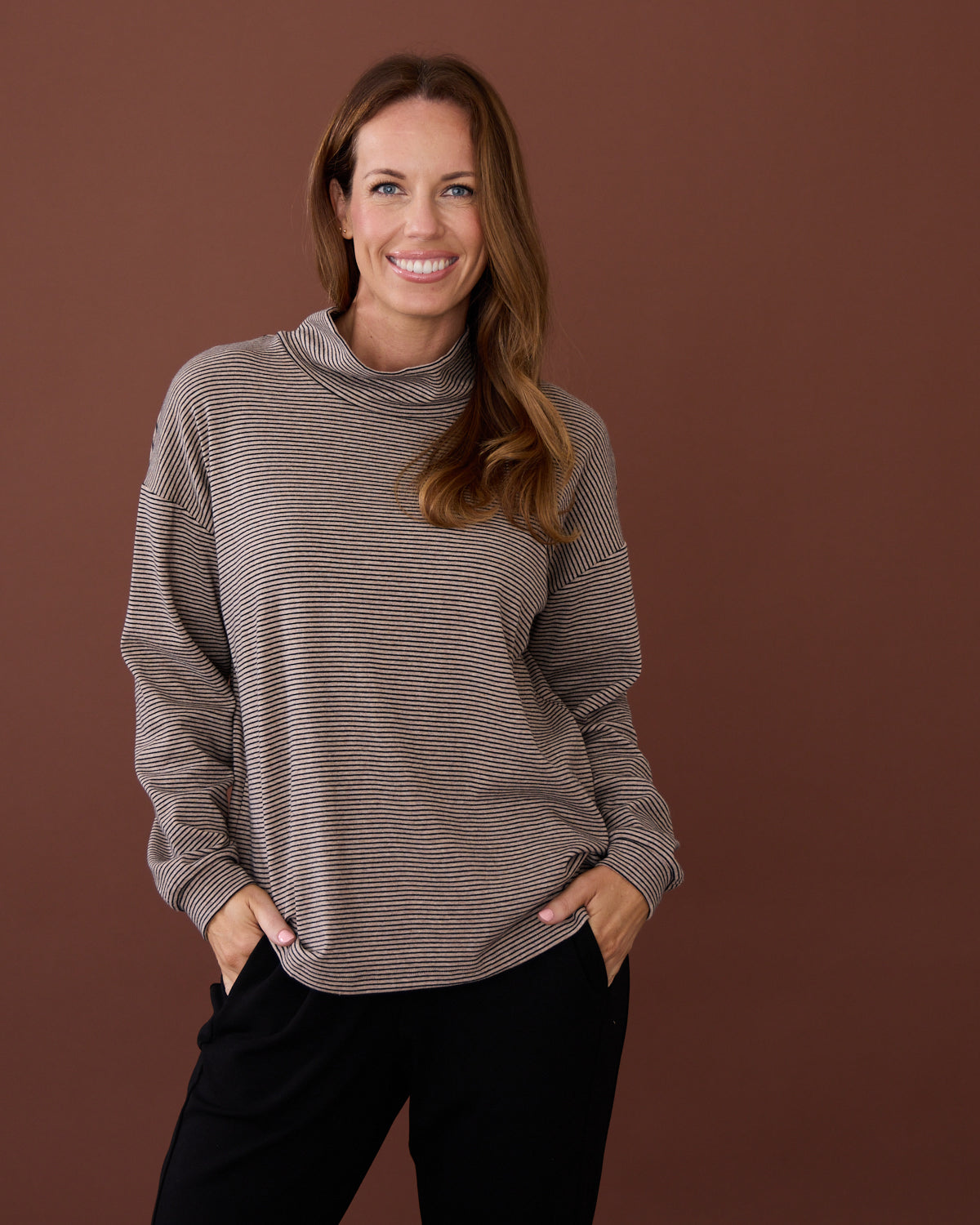 Kira Oversized Loose Cowl Top - Latte/Stripe
