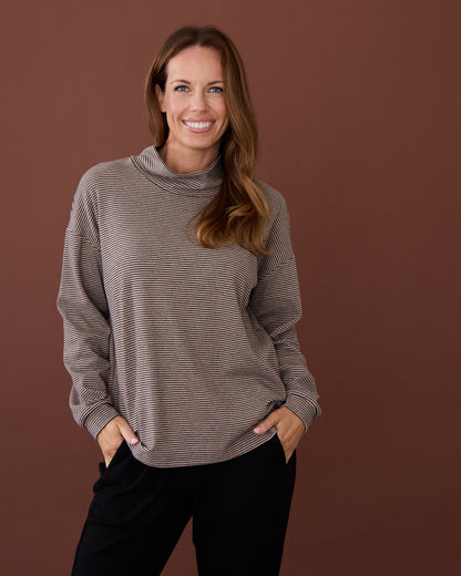 Kira Oversized Loose Cowl Top - Latte/Stripe