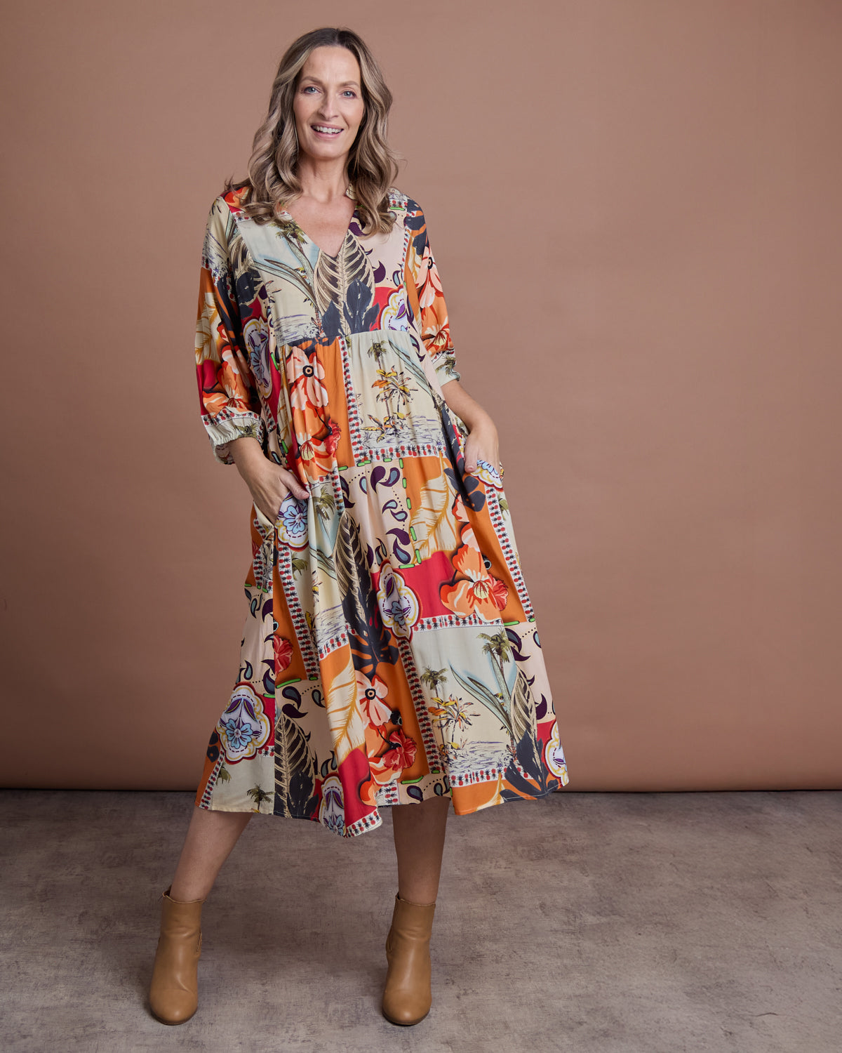 Amara Dress - Orange Floral Patch