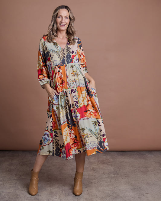 Amara Dress - Orange Floral Patch