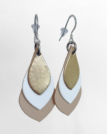 Sahara Teardrop Leather Earrings – Gold/White/Beige
