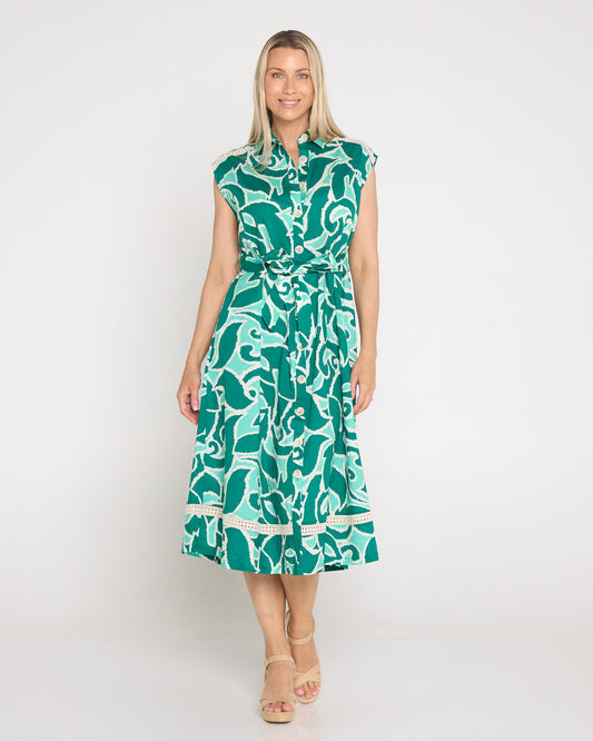 Santiago Sleeveless Shirt Dress - Teal/Jade Swirl