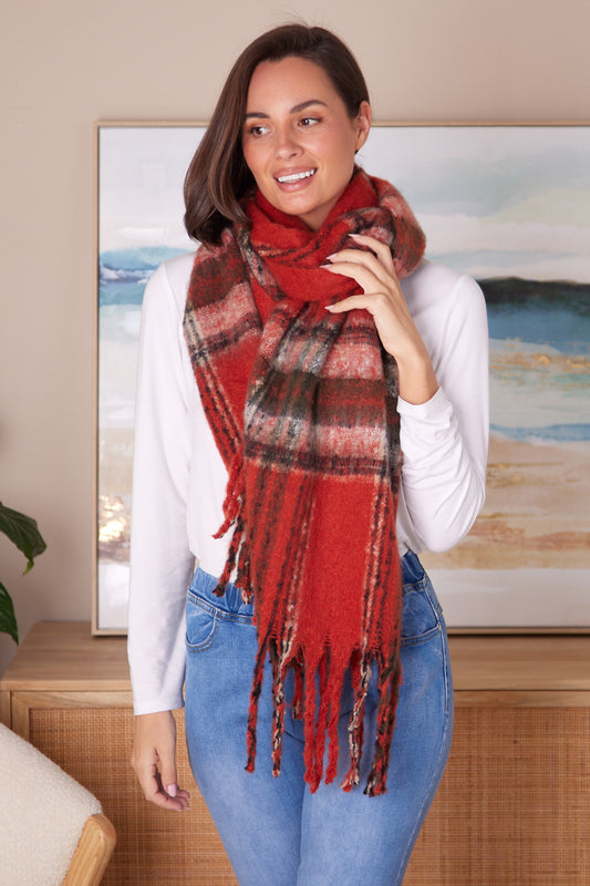 Margo Fluffy Scarf - Rust/Black Check