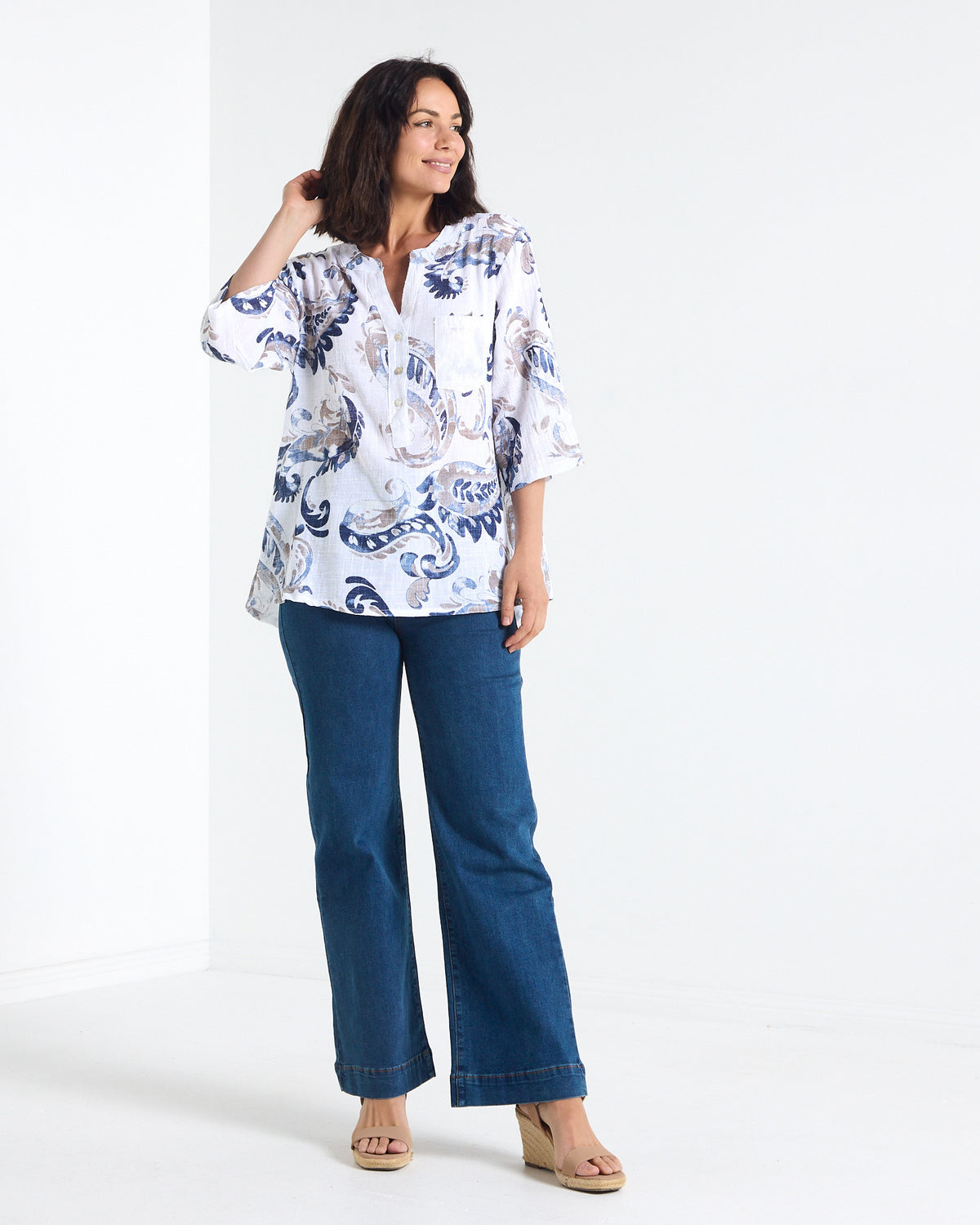 Sinclair Linen Cotton Top - Indigo Paisley