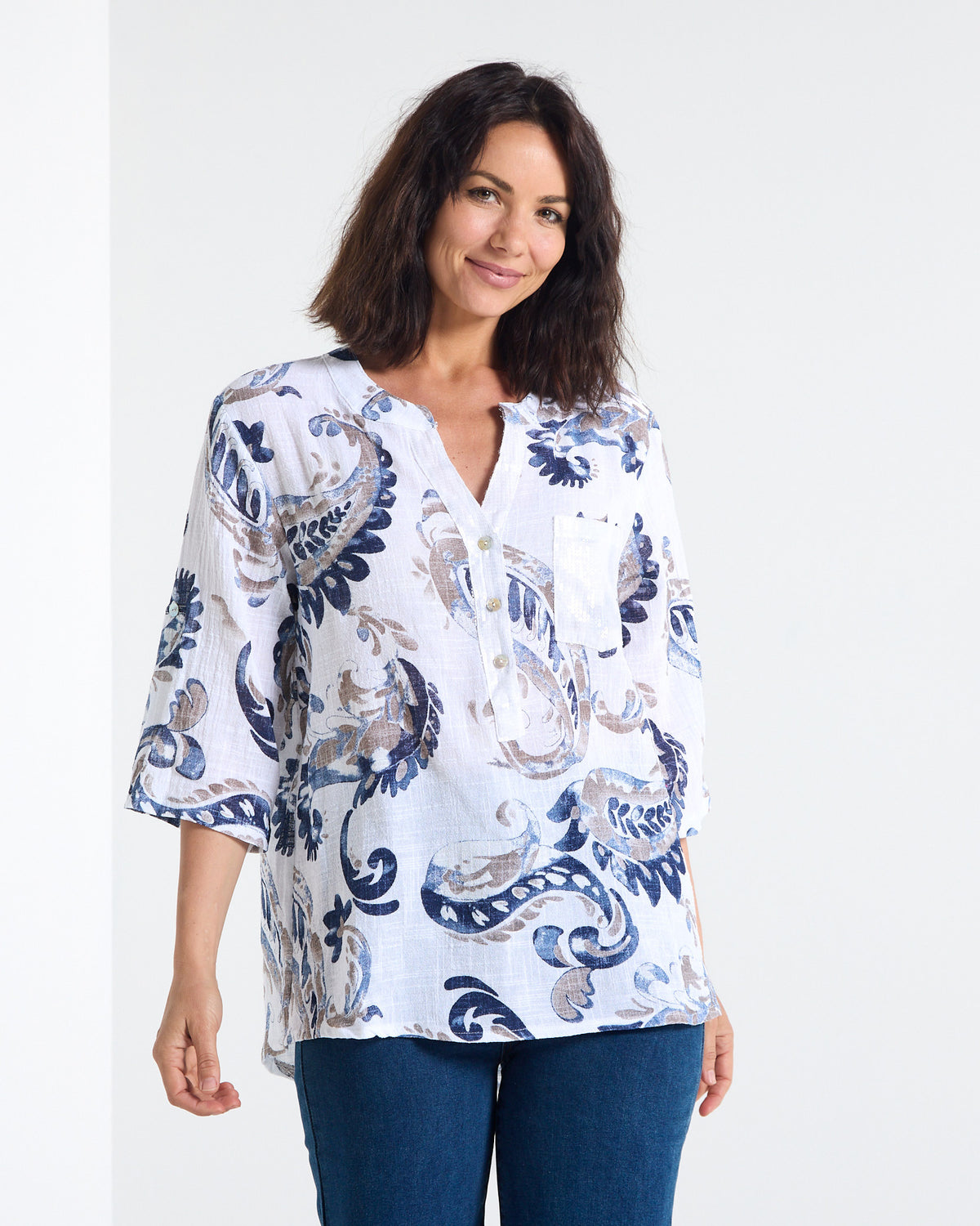 Sinclair Linen Cotton Top - Indigo Paisley