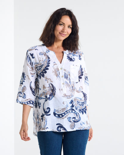 Sinclair Linen Cotton Top - Indigo Paisley