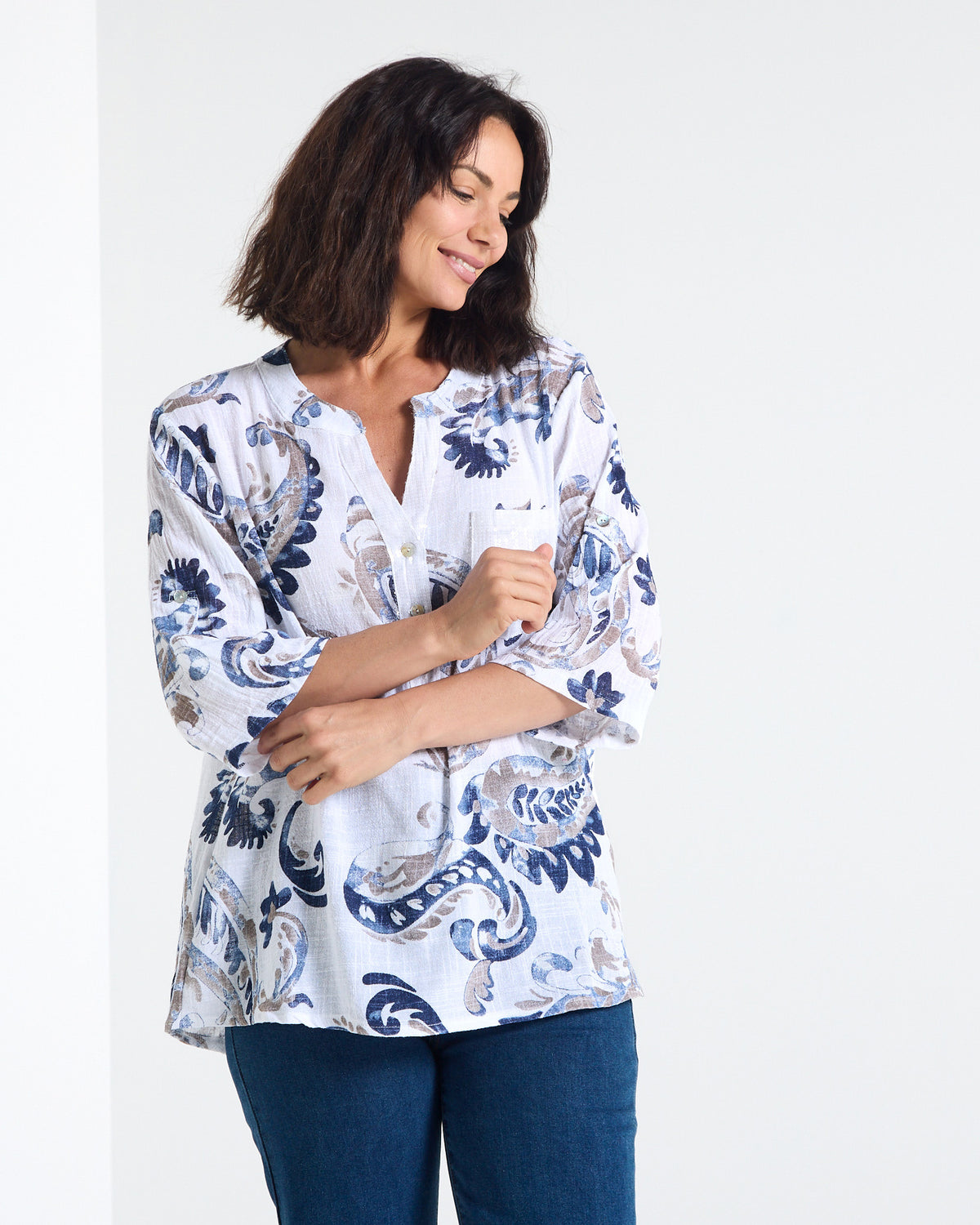 Sinclair Linen Cotton Top - Indigo Paisley