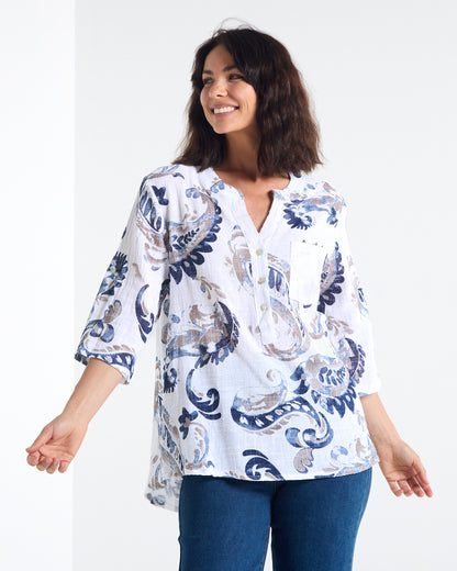 Sinclair Linen Cotton Top - Indigo Paisley