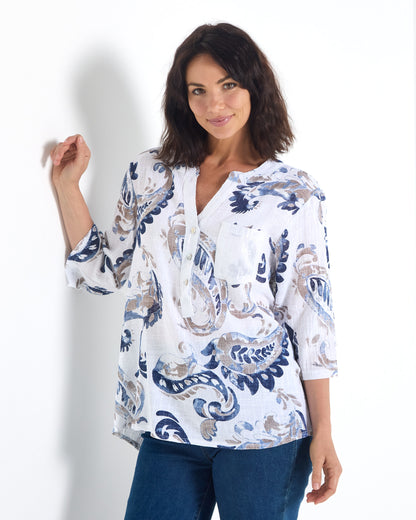 Sinclair Linen Cotton Top - Indigo Paisley