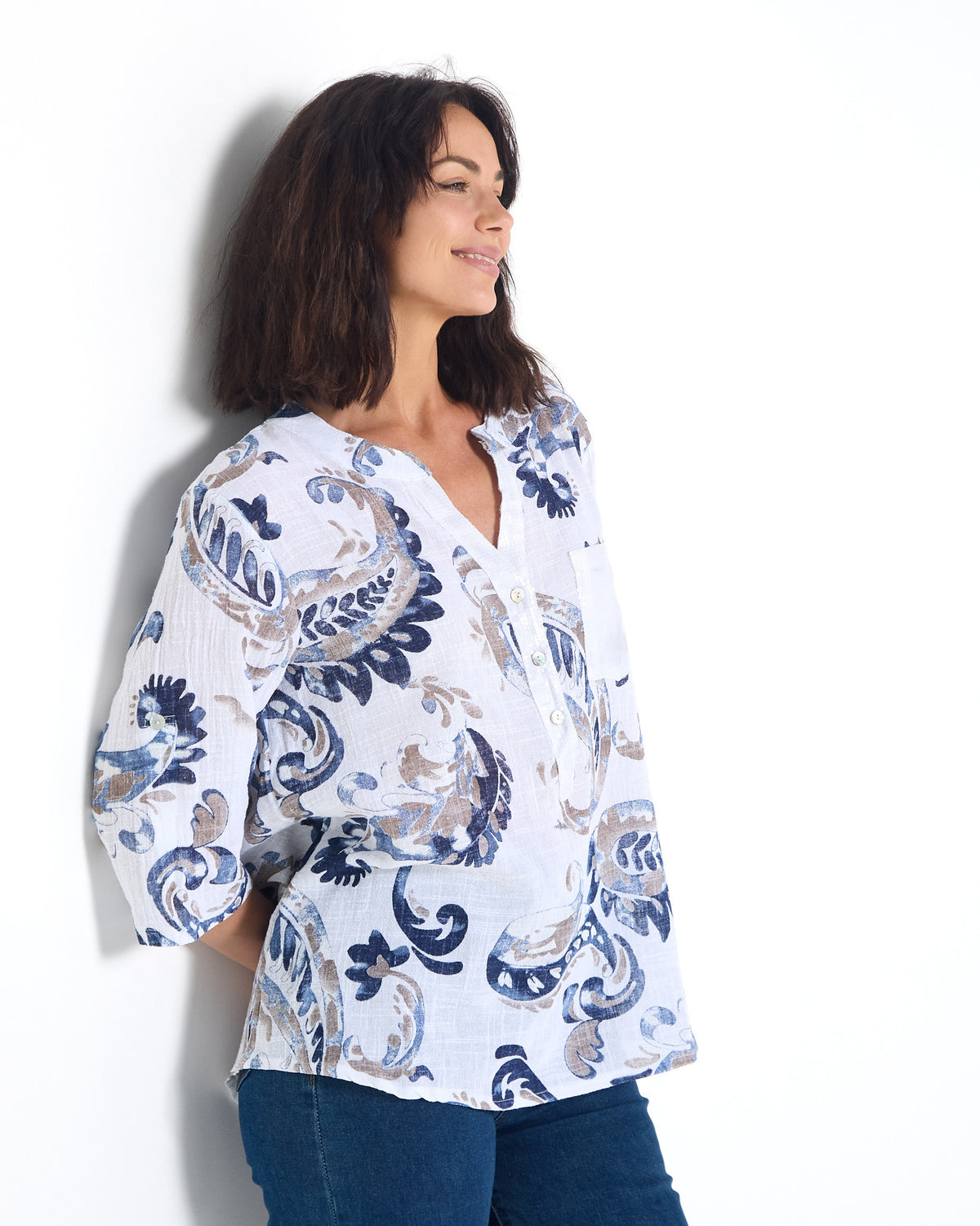 Sinclair Linen Cotton Top - Indigo Paisley