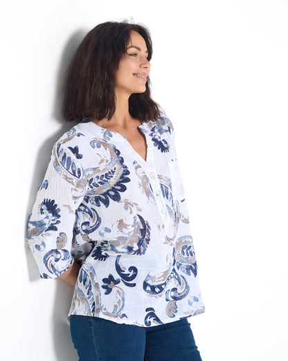 Sinclair Linen Cotton Top - Indigo Paisley