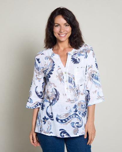 Sinclair Linen Cotton Top - Indigo Paisley