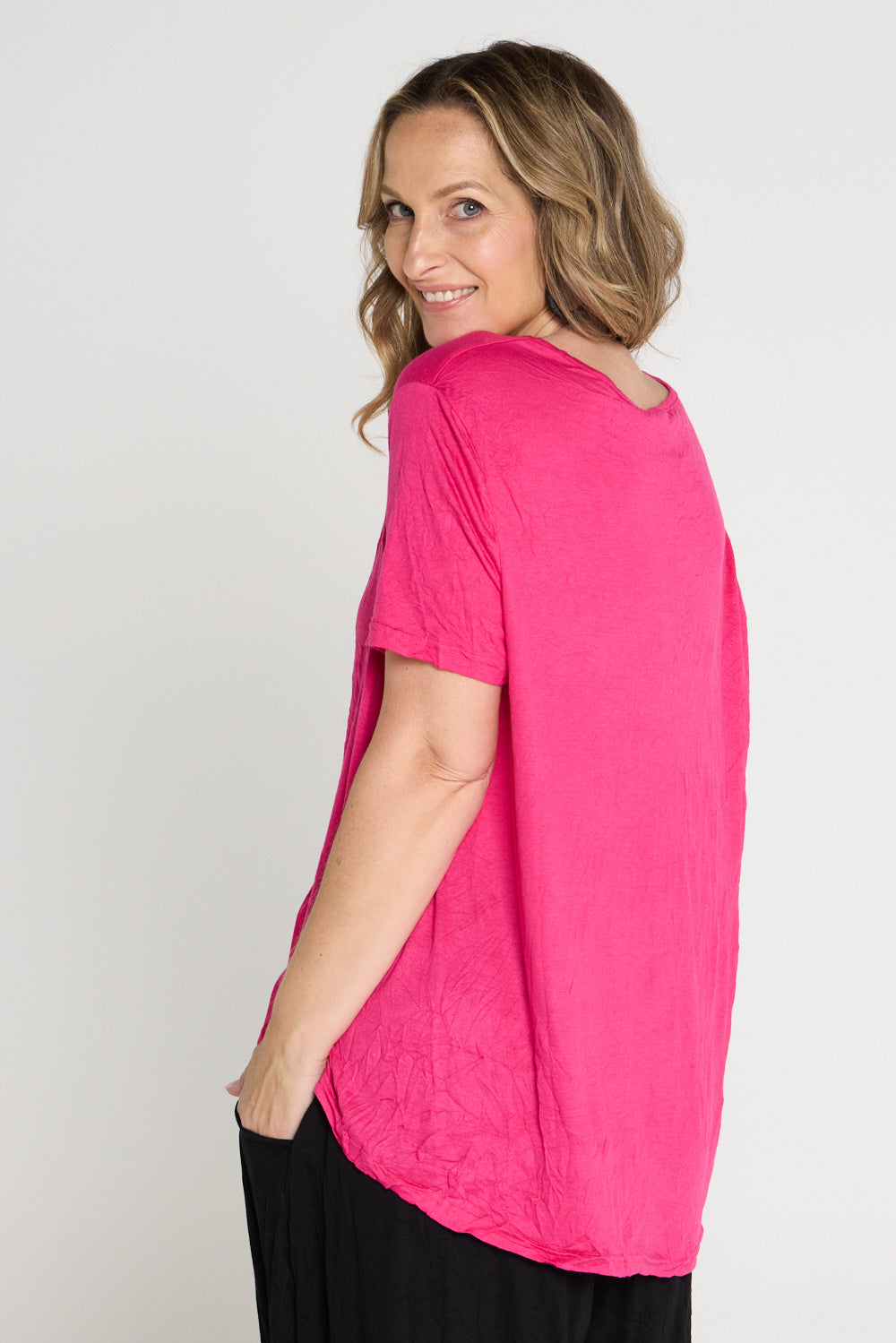 Shayla Crinkle Cotton Tee - Hot Pink