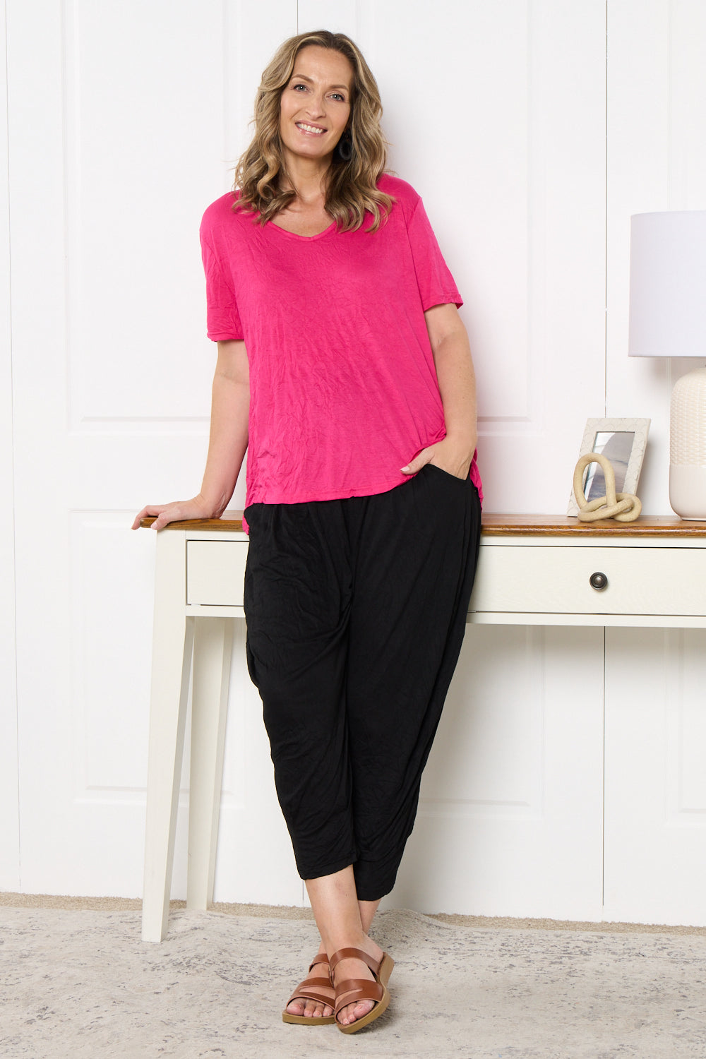 Shayla Crinkle Cotton Tee - Hot Pink