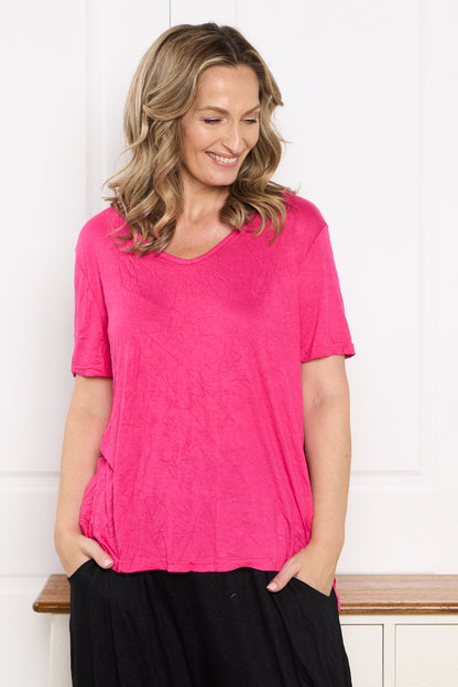 Shayla Crinkle Cotton Tee - Hot Pink