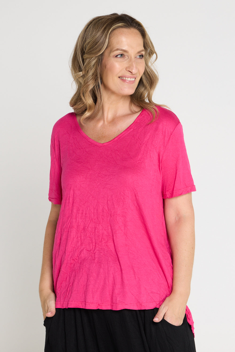 Shayla Crinkle Cotton Tee - Hot Pink