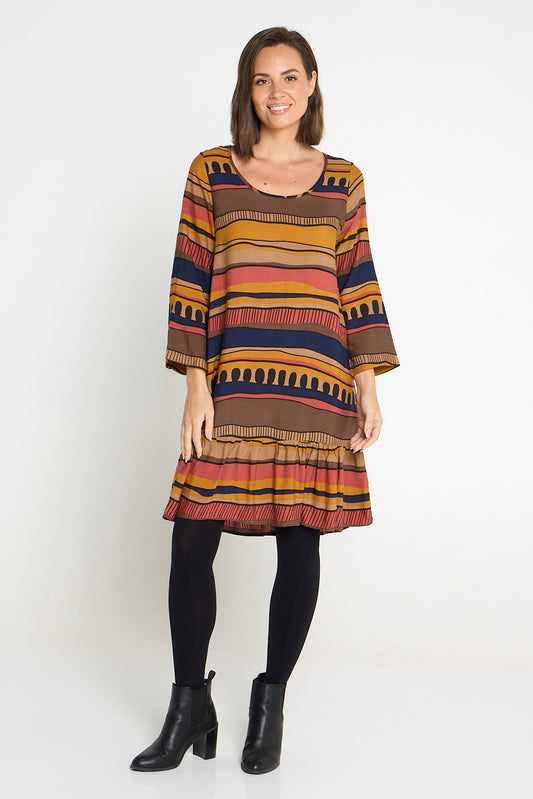 Cassandra Petite Dress - Ochre Organic Stripe