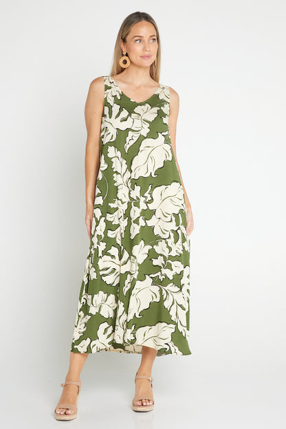 Sienna Sleeveless Midi Dress - Olive Botanical