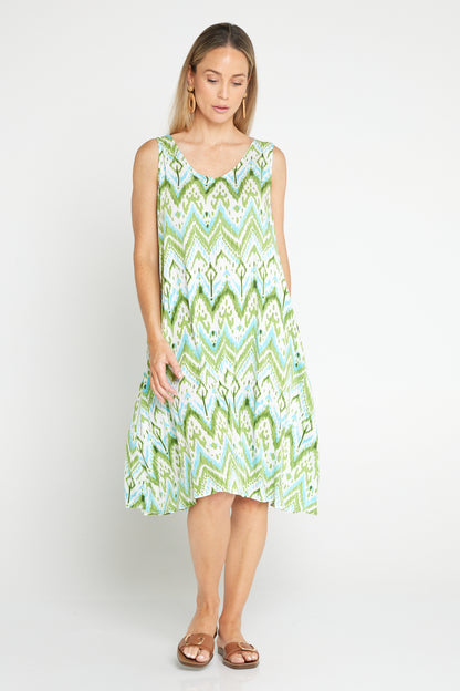 Sienna Sleeveless Petite Length Dress - Green/Aqua Ikat