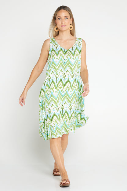 Sienna Sleeveless Petite Length Dress - Green/Aqua Ikat