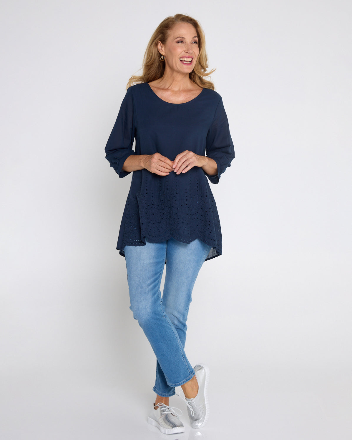 Sophia Cotton Top - Navy Broderie Anglaise