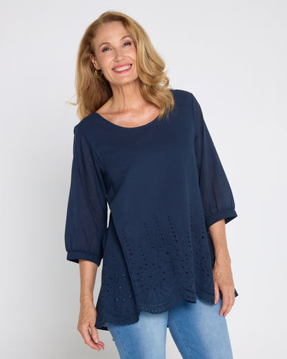 Sophia Cotton Top - Navy Broderie Anglaise