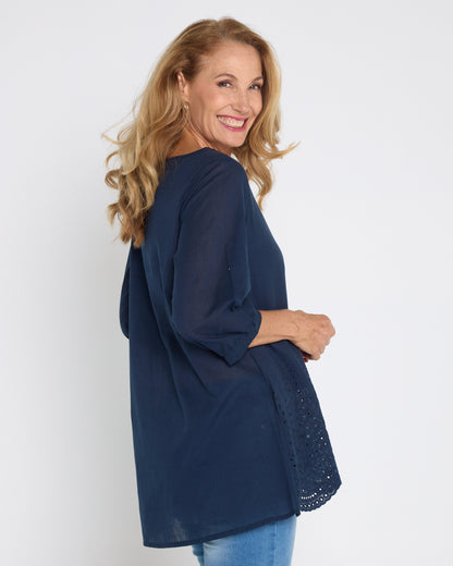 Sophia Cotton Top - Navy Broderie Anglaise