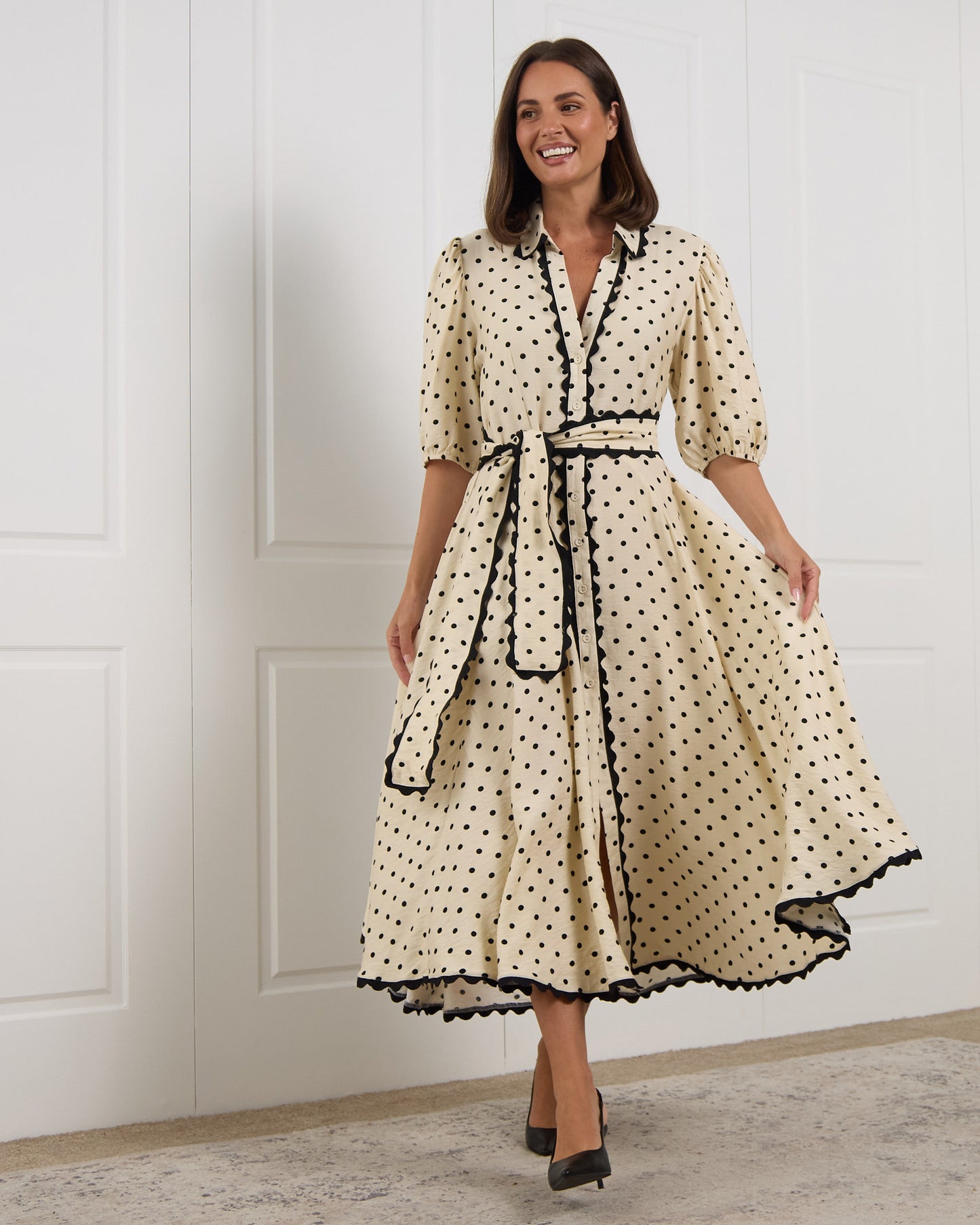 Lowell Ric Rac Shirt Dress - Beige/Black Spot